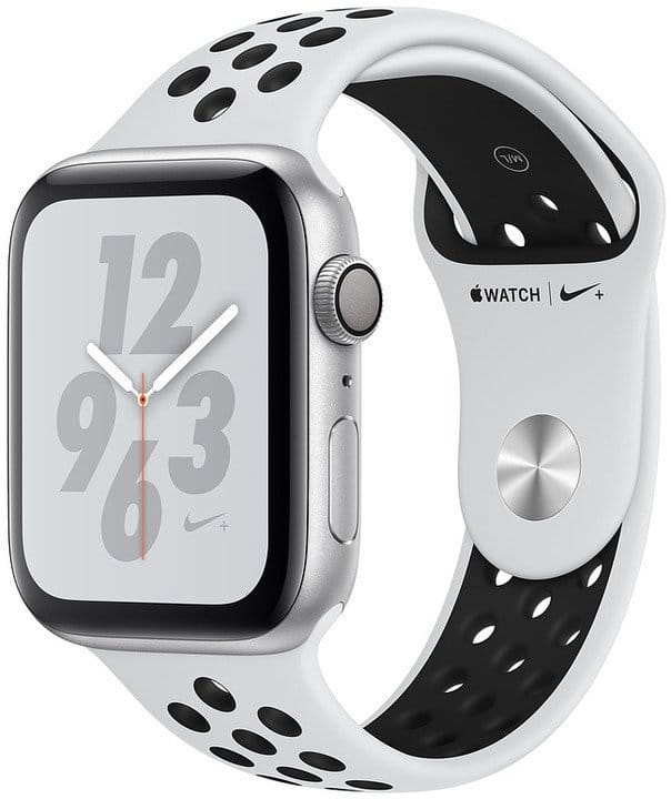 Apple Watch + Series 4 GPS, 40mm Silver Aluminium Case with Pure Platinum/Black Sport Band Karórák