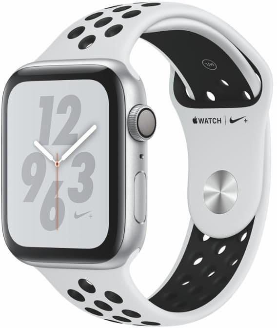 Apple Watch + Series 4 GPS, 44mm Silver Aluminium Case with Pure Platinum/Black Sport Band Karórák